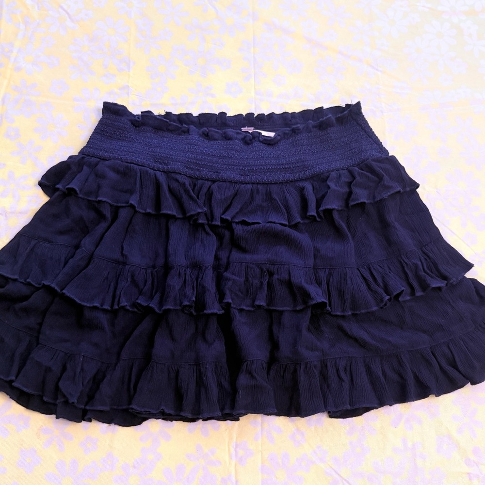 Free People Blue Mini Skater Skirt with Ruffled Tiers